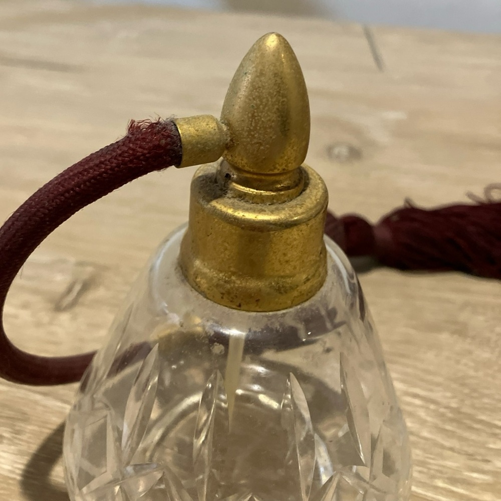 Vintage Waterford Crystal Perfume Atomizer with Burgundy Pump & Tassel-callout